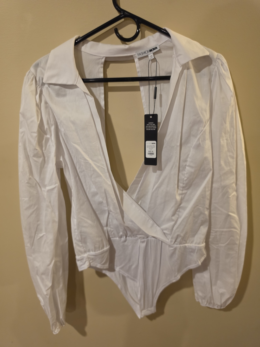 Fashion Nova White Wrap Collared Long Sleeve Bodysuit